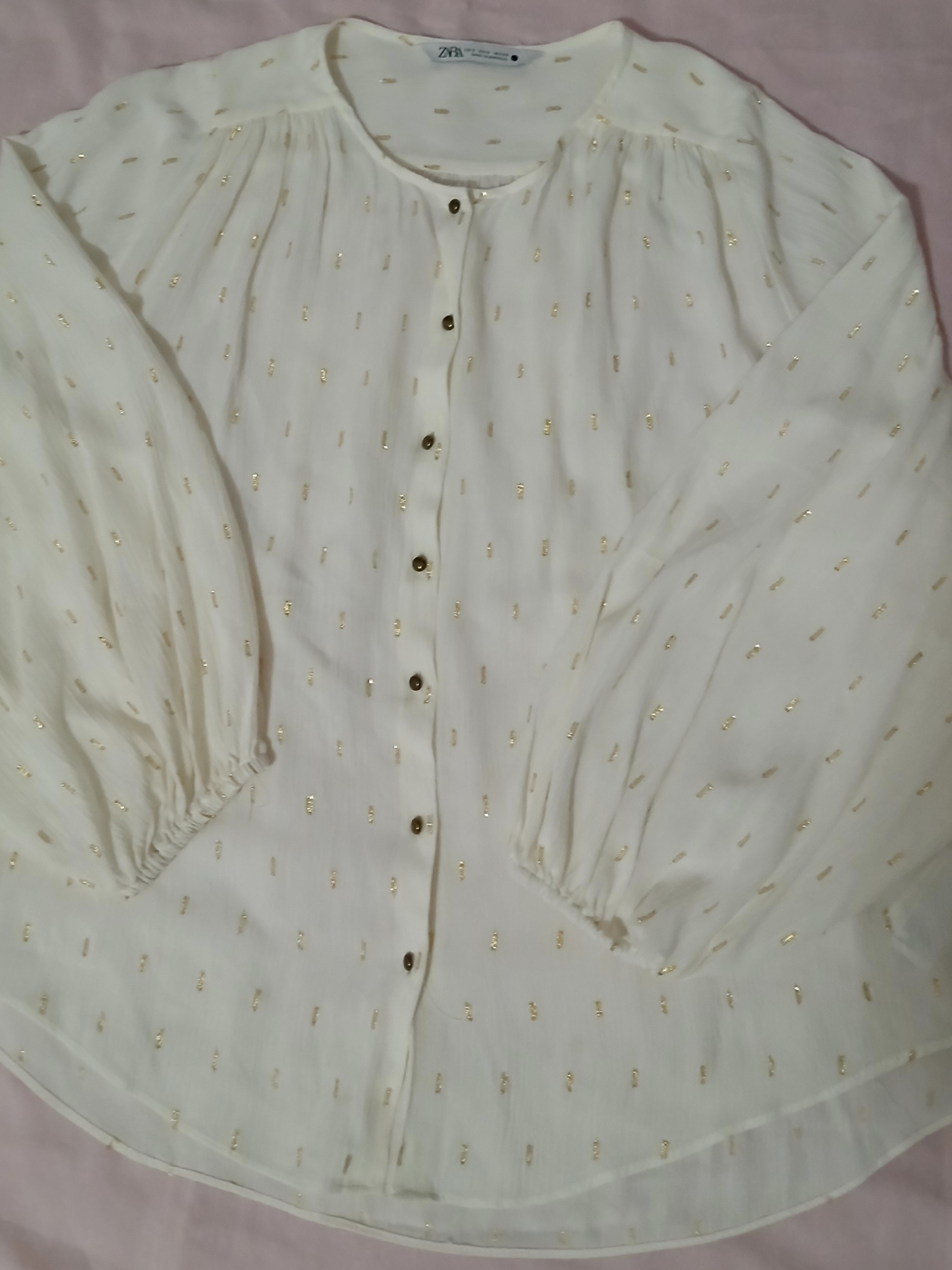 Zara S White W/Gold Slashes Puffy Long Sleeve Button Up Hi/Low Flowy Blouse